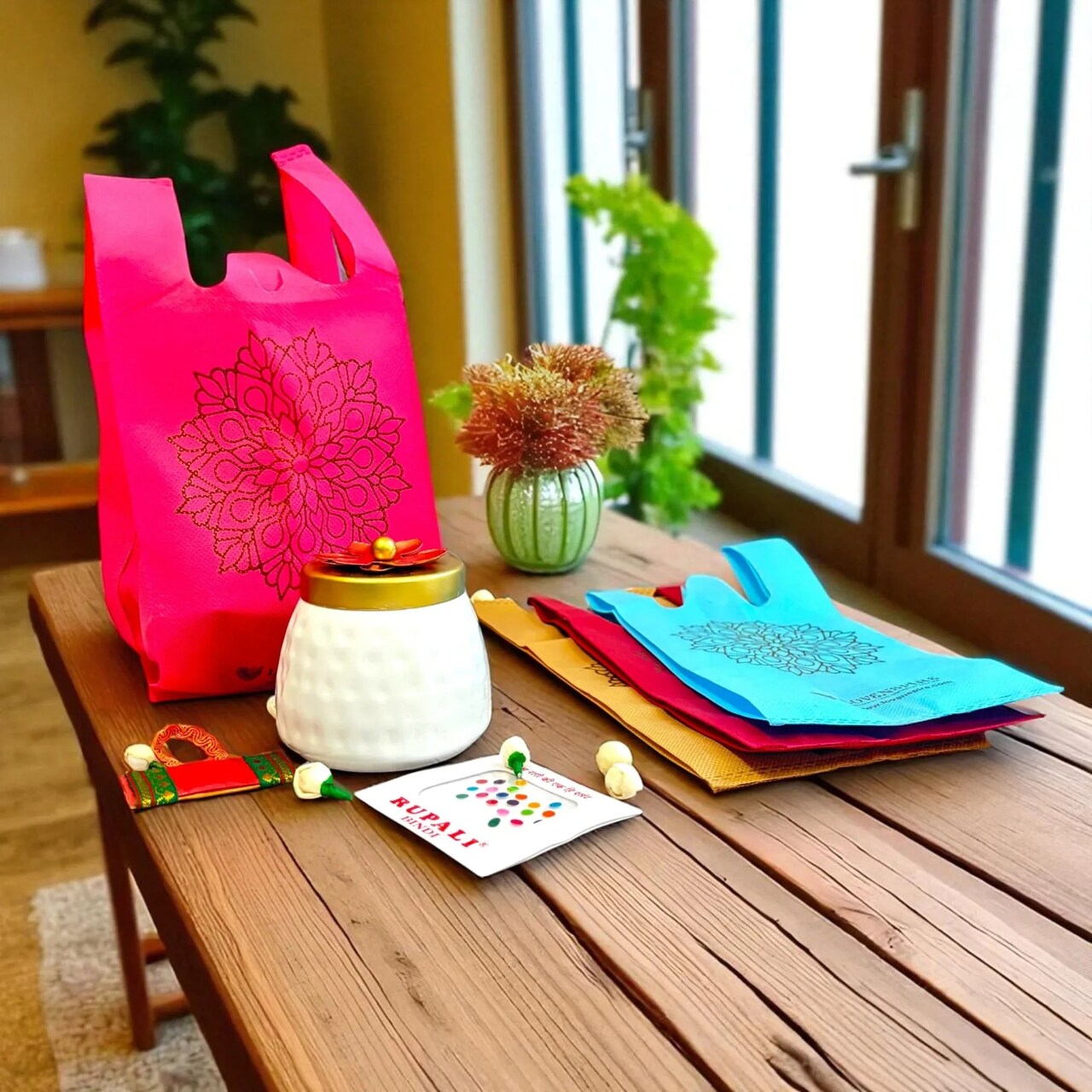 Varalakshmi Vratham Gift Hamper Navaratri Vratha Hindu Religious Teej Karva Chauth Pooja Housewarming Return Gifts - Assorted Bindi Dryfruit Jar Mandala Carry Bags Haldi Kumkum Packet
